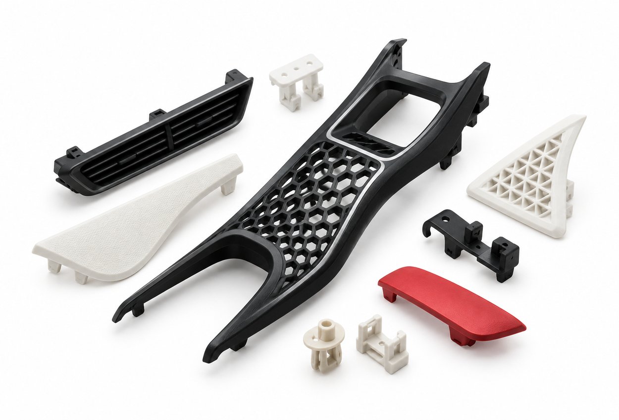 Reproduced car interior parts: centre console, air vent, handle and clips