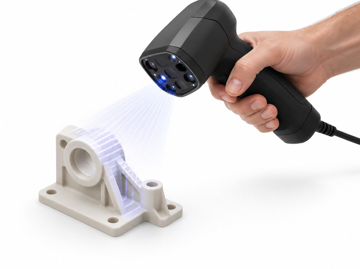 Handheld 3D scanner capturing a mechanical bracket in high resolution